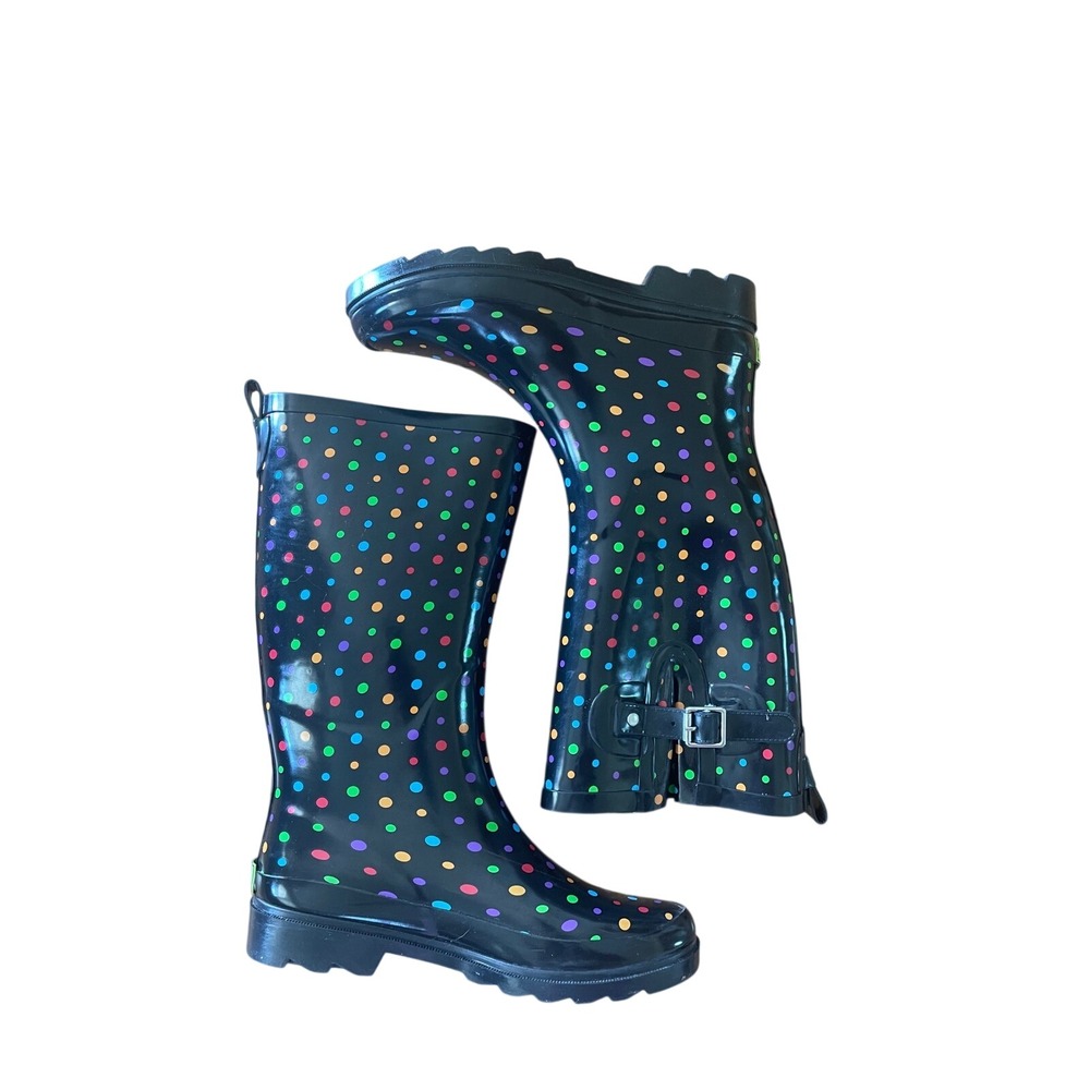 Western Chief Womens Black Multi Color Polka Dot Waterproof Rain Boots Size 6